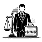 Businessman with briefcase and scales of justice. Black and white vector illustration.